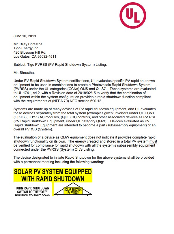Certification UL1741 PV Rapid Shutdown Permanent Marking Requirement
